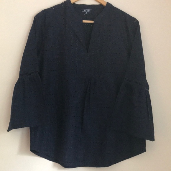 Izod Navy Balloon Flare Sleeve Blouse Size M - Picture 1 of 15